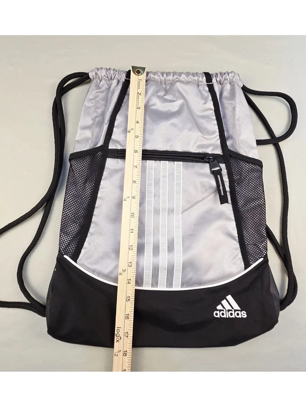Adidas Drawstring Gym Sack Backpack with Front Zipper Pocket, Black and Silver